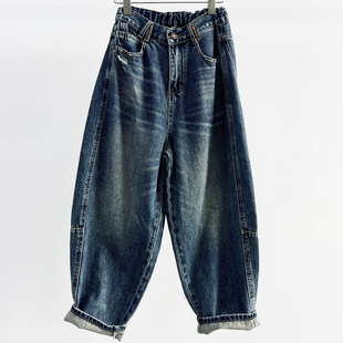 女松垮显瘦垮裤 牛道途2025秋季 松紧腰老爹裤 宽松牛仔女萝卜裤 新款