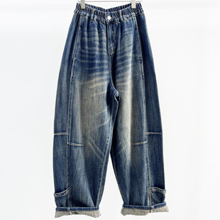 新款 做旧复古萝卜裤 CHYY松紧腰女老爹裤 宽松垮裤 显瘦 大版 2025秋季