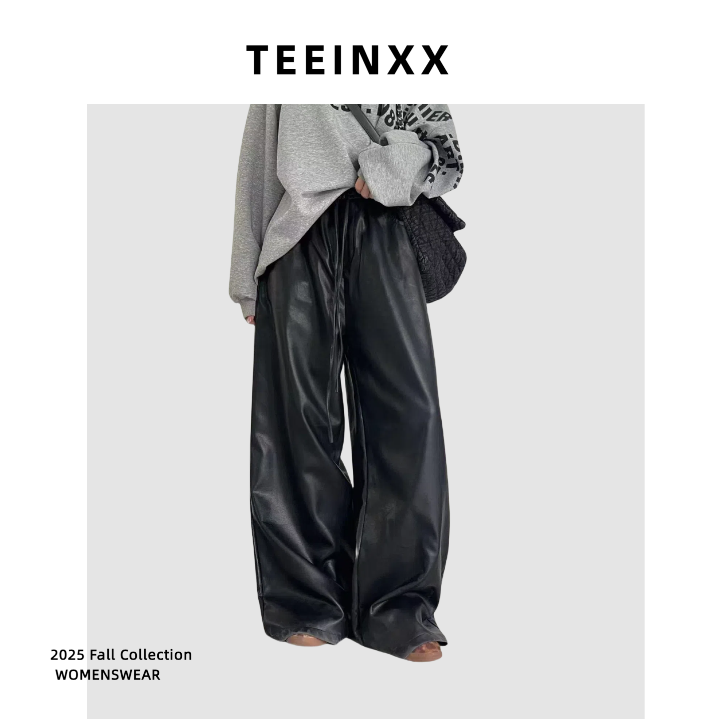 TEEINXX美式复古黑色PU皮阔腿裤女高街机车风黑色直筒阔腿长裤