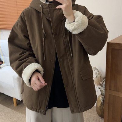 加绒加厚连帽棉服女2025冬季新款韩版复古宽松保暖毛毛外套派克服