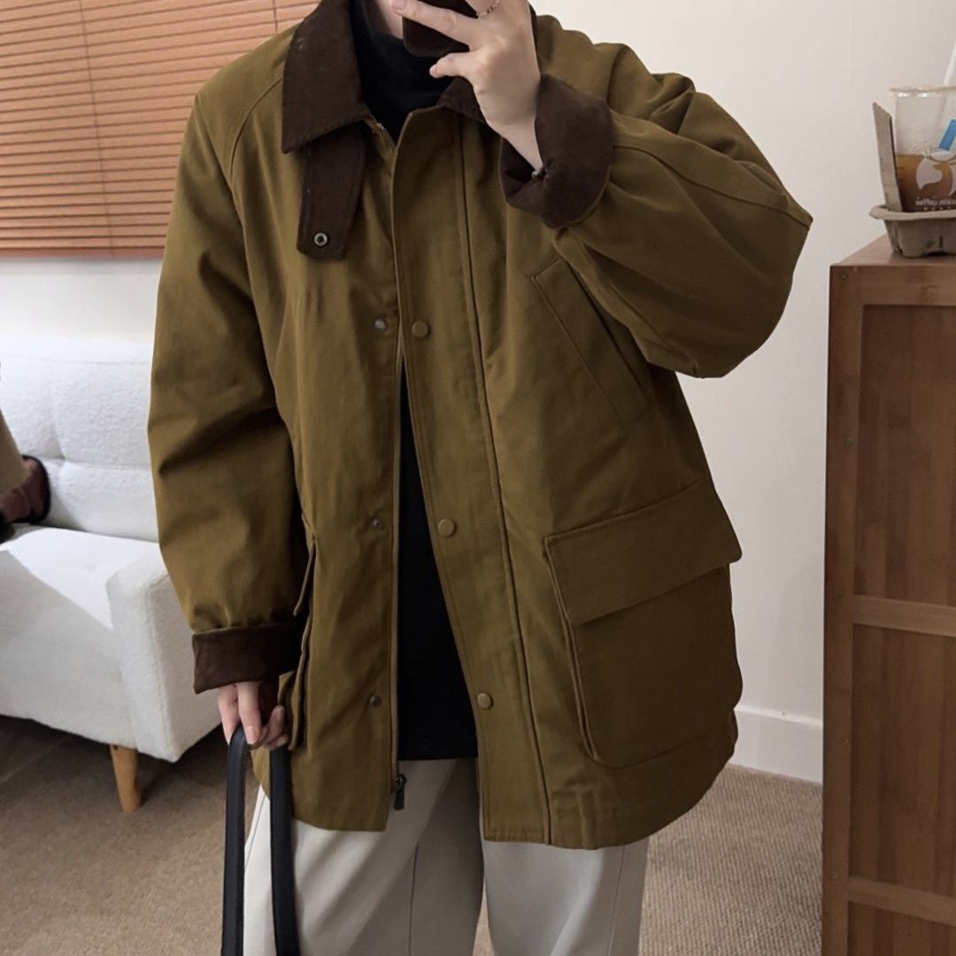 撞色灯芯绒翻领夹棉风衣外套女加厚休闲宽松中长款超好看棉服秋冬