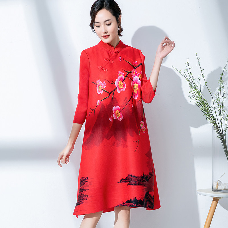 民族风中式秋季连衣裙印花镶钻立领盘扣微胖妈妈国风旗袍裙宴会裙