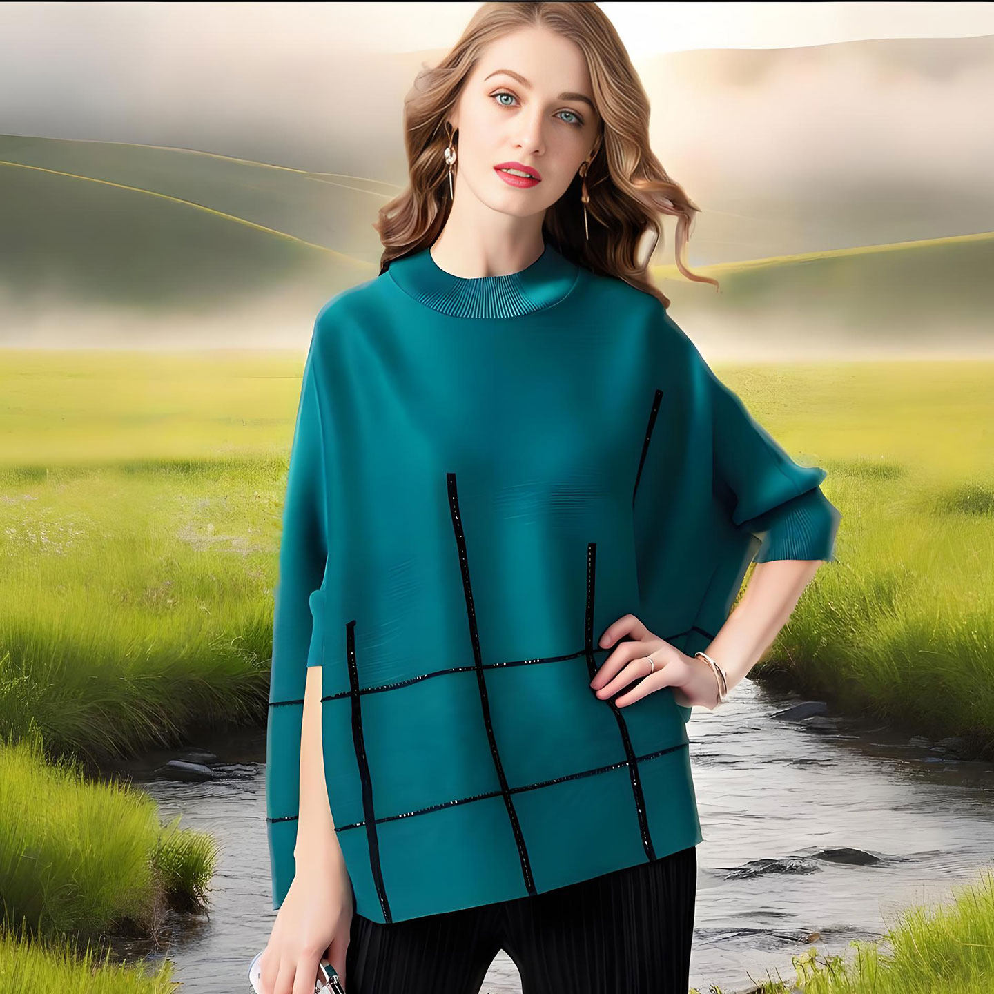 条纹大版t恤女格子镶钻收口袖蝙蝠衫春夏褶皱宽松轻熟一字肩上衣