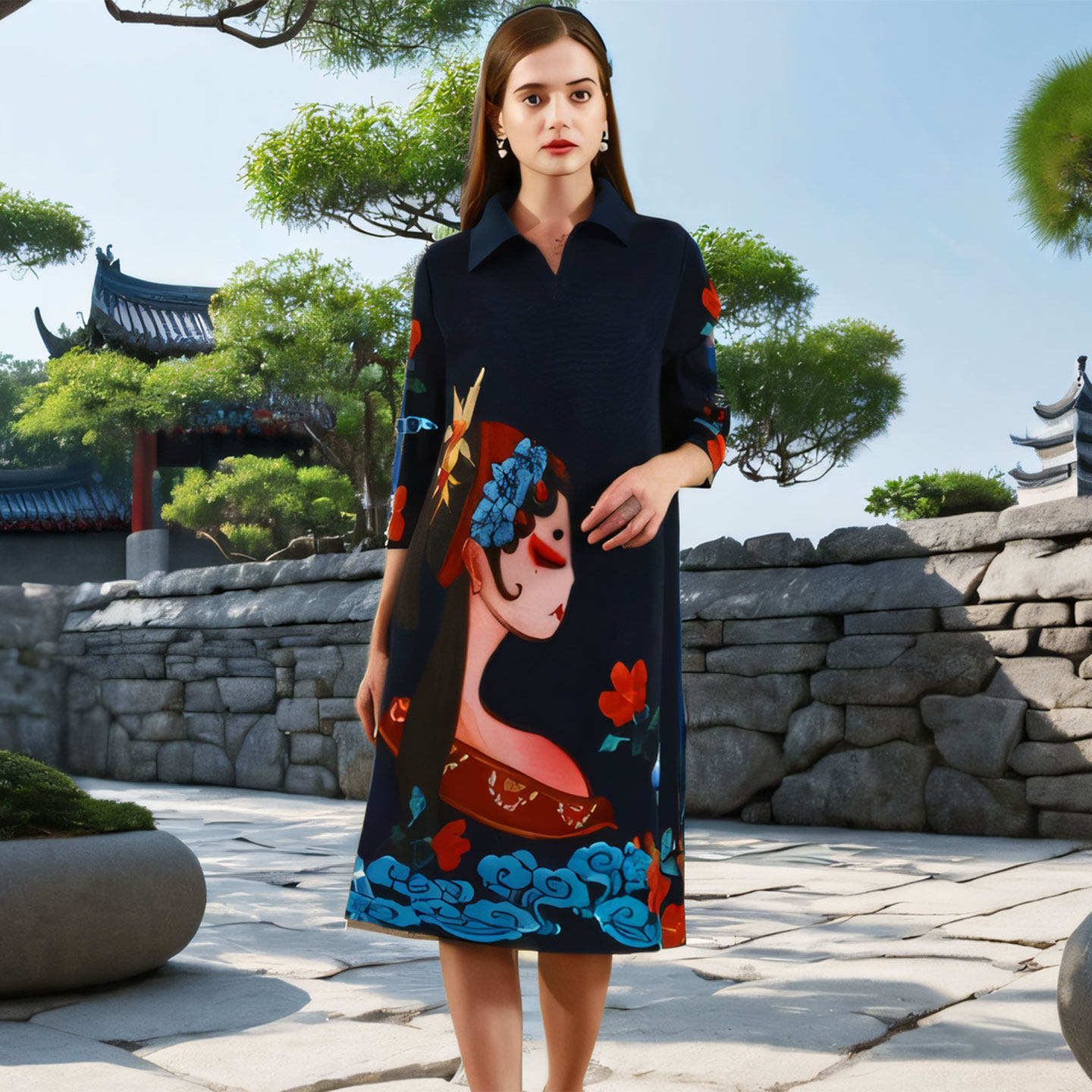脸谱印花衬衫领连衣裙春夏褶皱遮肚子显瘦新中式妈妈休闲洋装裙子
