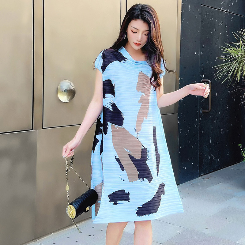 立领折叠宽松插肩短袖群主女夏连衣裙度假风印花中年妈妈长款洋装