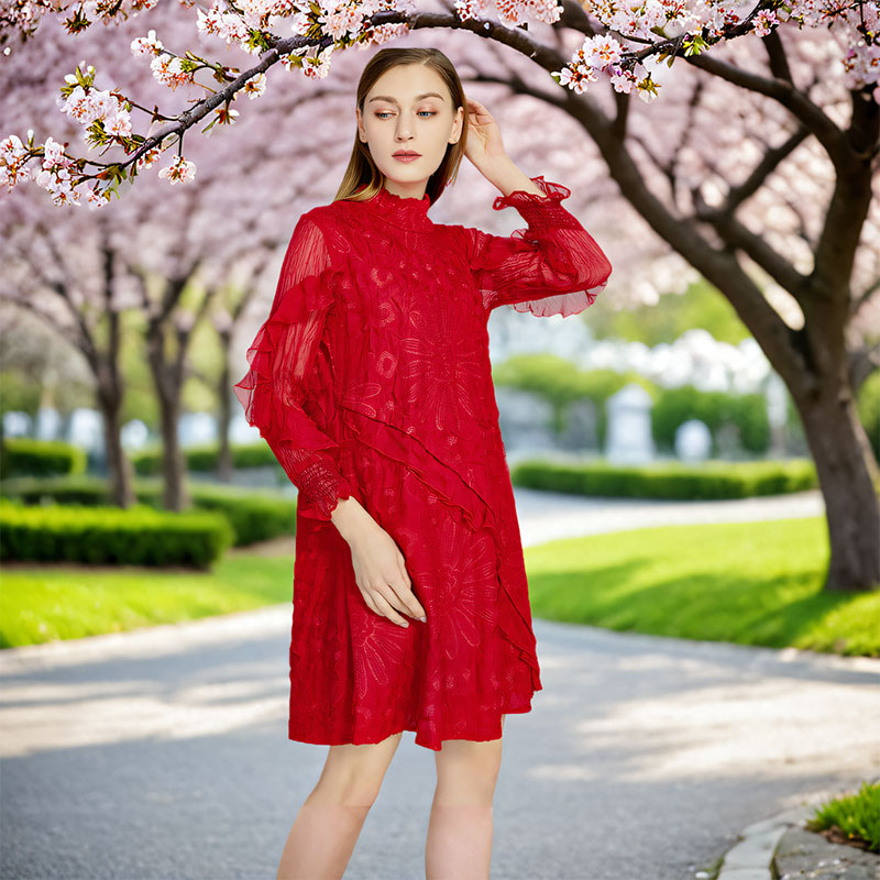 高领连衣裙女重工绣花网纱束口花瓣袖荷叶边褶皱大红色宴会裙子