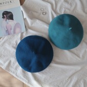 西班牙之行同款 十元 里美 贝雷帽羊毛帽子蓝绿色秋冬英伦画家帽