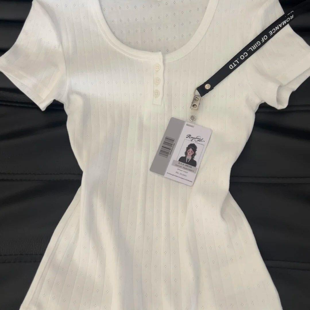 纯欲甜辣妹亨利领纽扣短袖t恤女夏新款韩系bm风白色修身显瘦上衣