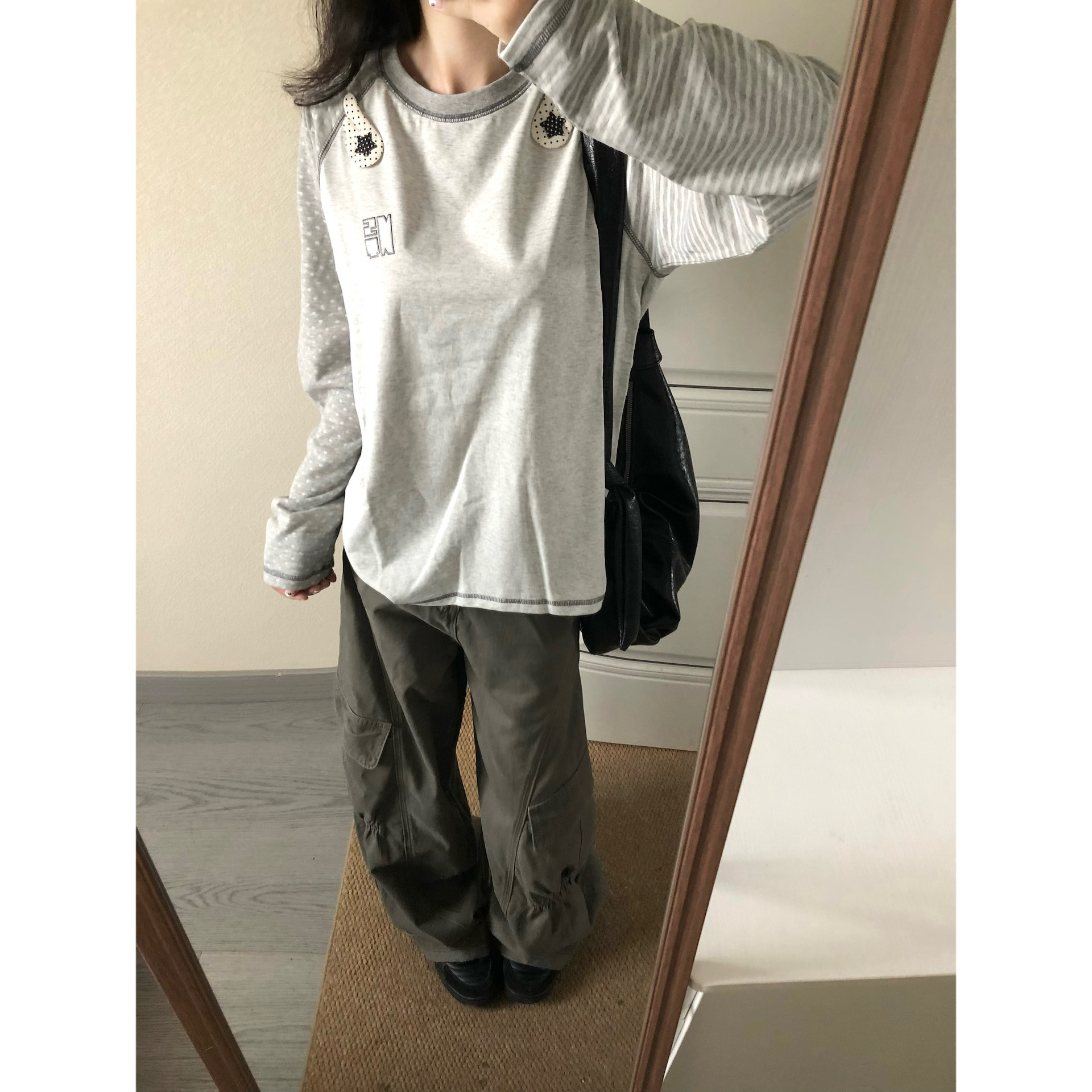 韩系撞色波点条纹插肩长袖t恤女秋季立体天使翅膀设计感小众上衣