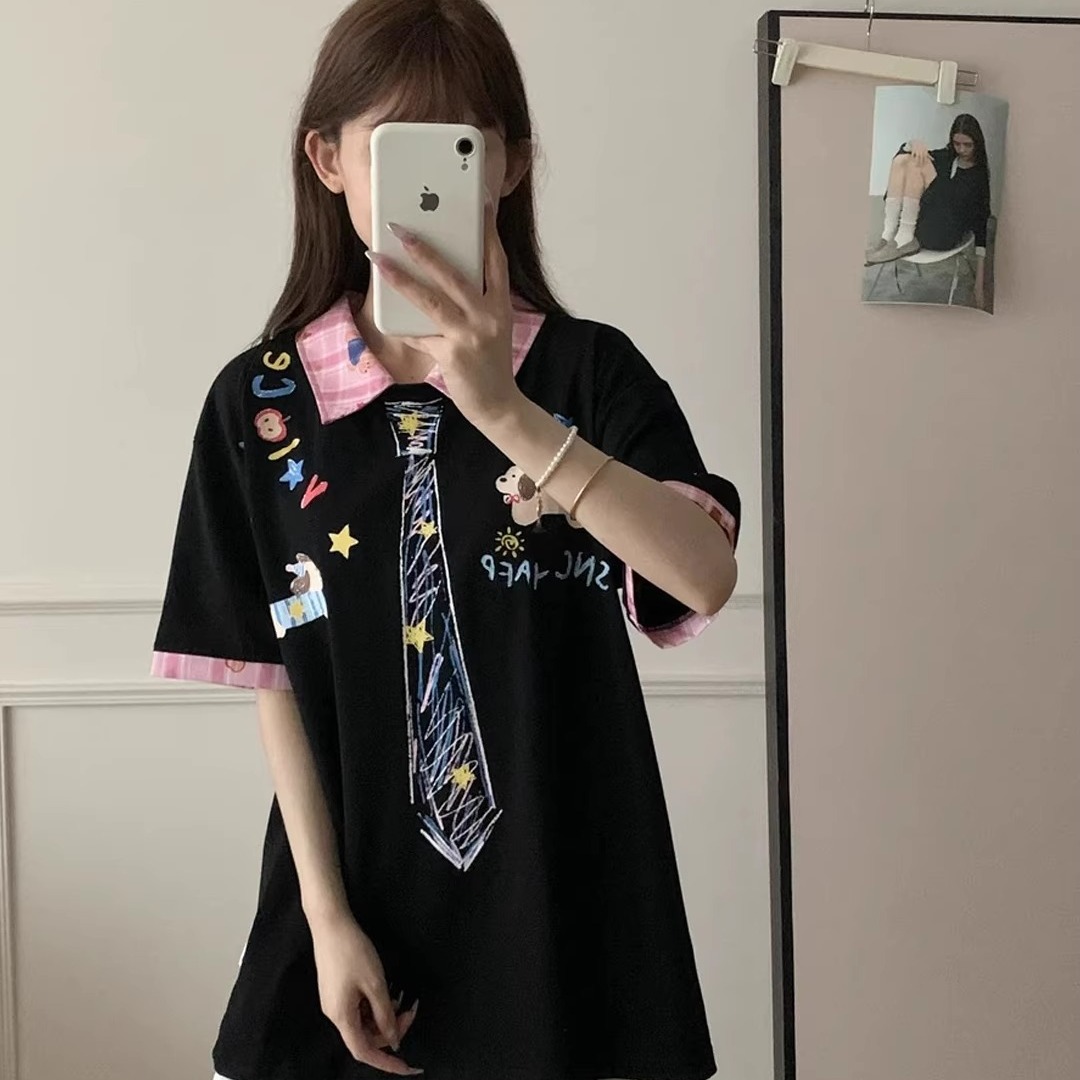 美式复古假两件可爱小狗印花POLO衫短袖T恤女夏季学院风情侣上衣