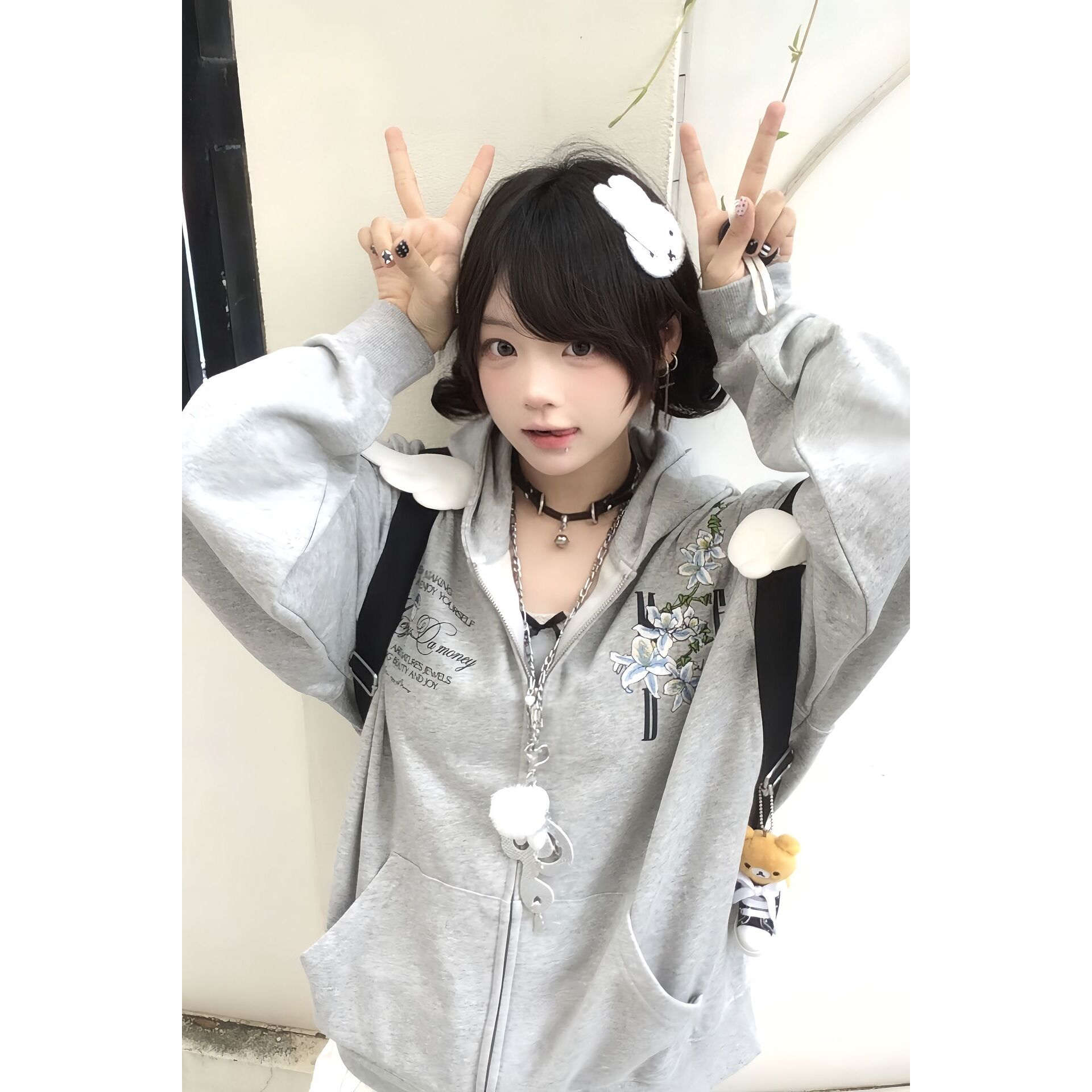 美式复古花卉花环刺绣连帽卫衣
