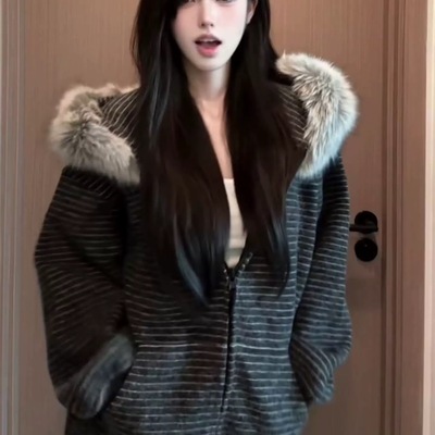 美式复古chic条纹连帽卫衣外套