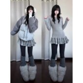 韩系复古波点裙摆叠穿长袖 上衣 打底衫 t恤女早春26新款 收腰中长款