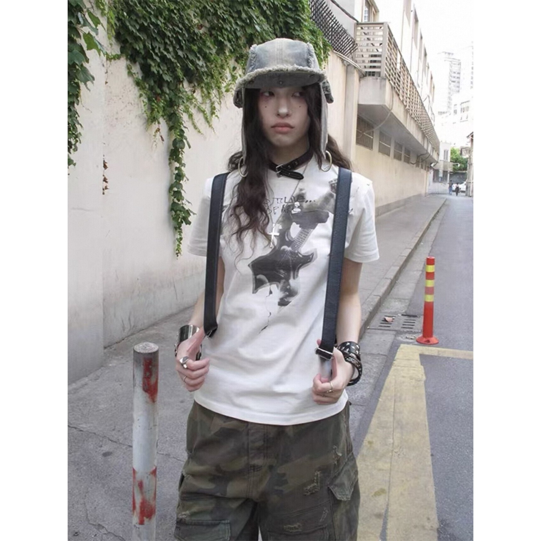 复古风吉他印花正肩短袖T恤女夏季新款修身显瘦圆领街头风y2k上衣