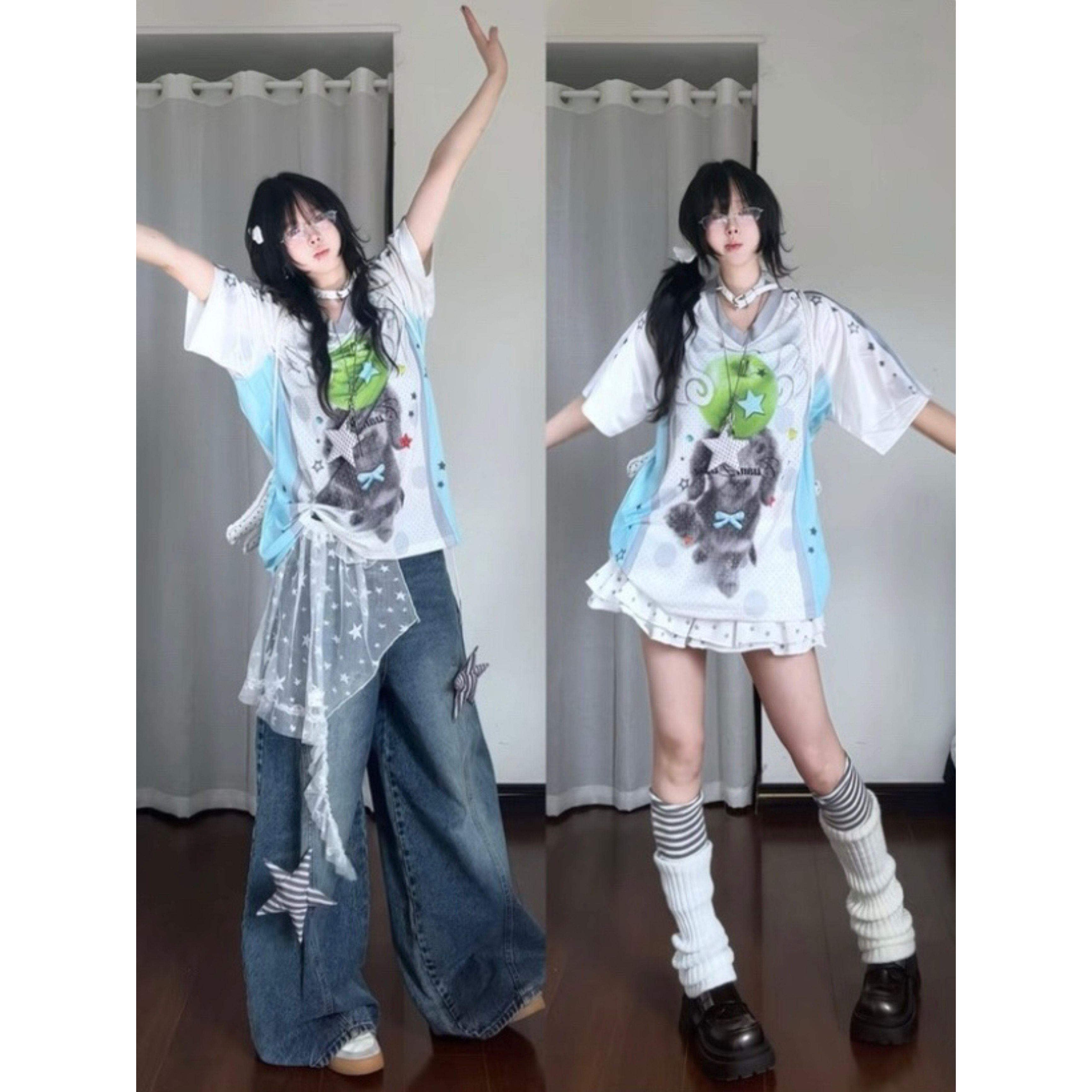 美式复古y2k少女感可爱印花短袖t恤女夏季球衣设计感宽松v领上衣