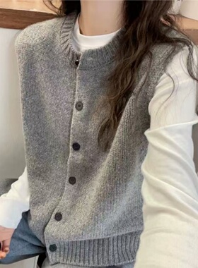 灰色圆领毛衣马甲女开衫秋冬100%全羊毛百搭叠穿坎肩针织背心上衣