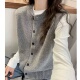 灰色圆领毛衣马甲女开衫 秋冬100%全羊毛百搭叠穿坎肩针织背心上衣