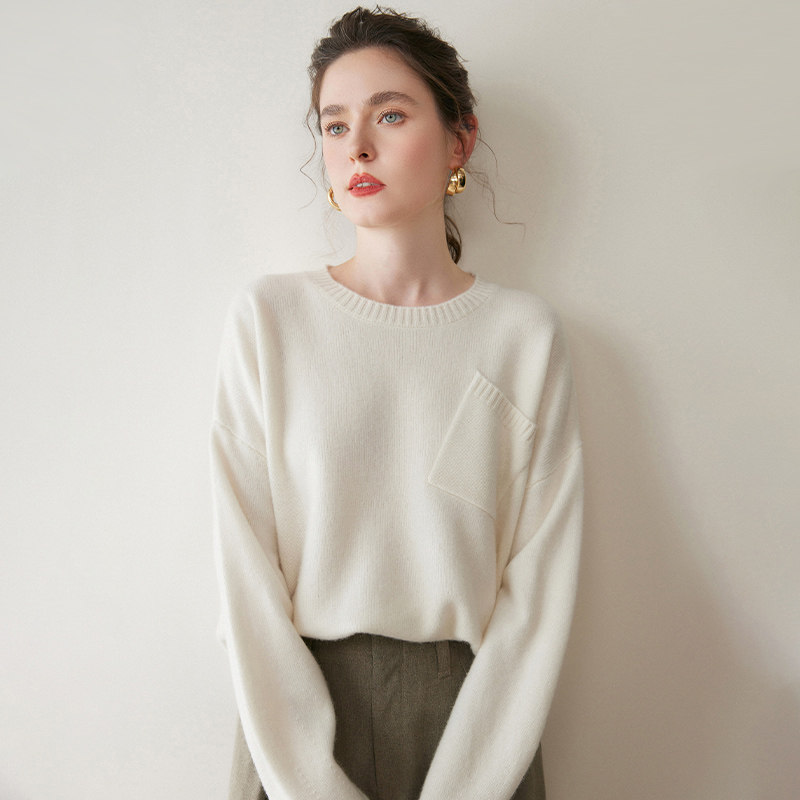 明星同款秋冬山羊绒衫女圆领灰色口袋套头针织毛衣宽松显瘦上衣厚