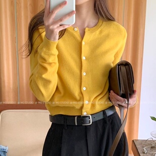针织衫 外搭软糯长袖 独特漂亮上衣 女高腰短款 韩系圆领羊绒毛衣开衫