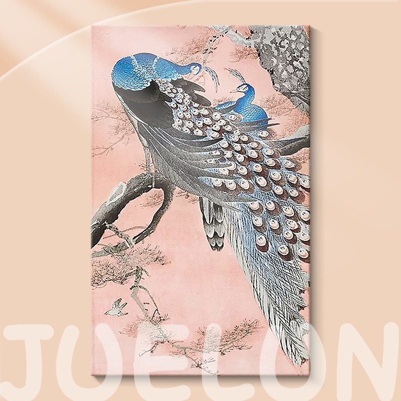 花开富贵孔雀手绘油画竖版高档新中式装饰画入户走廊玄关大气挂画