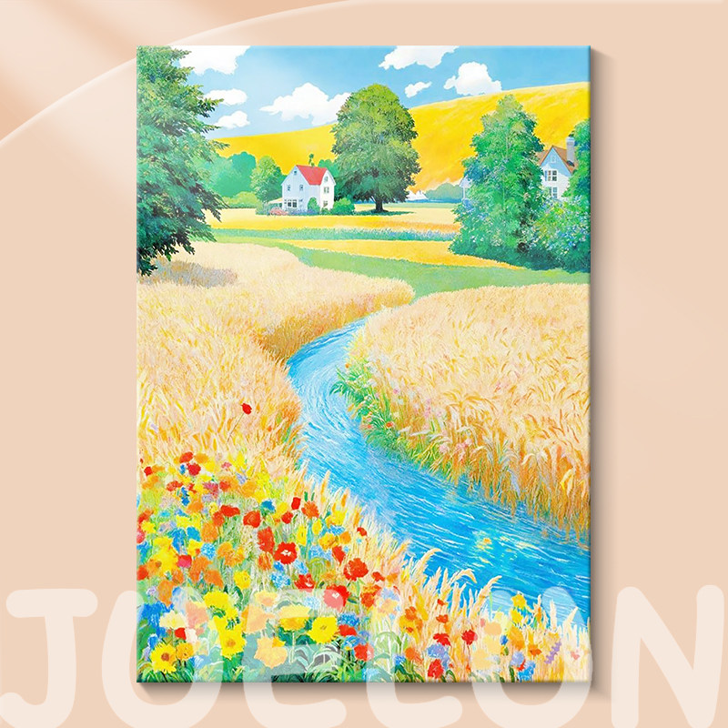奶油风手绘油画金色麦田五谷丰登入户玄关挂画乡村风景餐厅装饰画