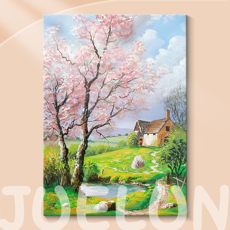 粉色樱花手绘油画乡村风景装饰画客厅挂画现代简约玄关肌理画
