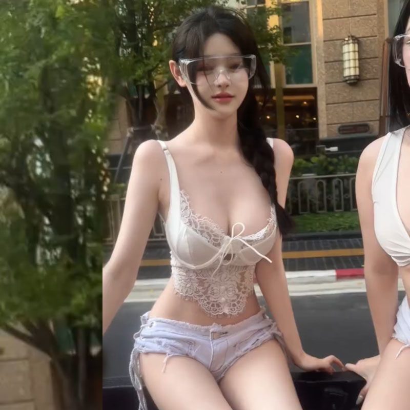 夏季新款性感蕾丝拼接吊带背心女透视绑带短裤两件套套装白色