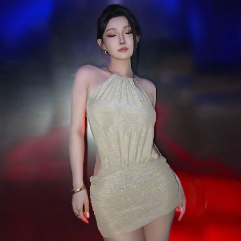 酒吧夜店演出DJ美式辣妹风挂脖连衣裙女修身显瘦露背无袖包臀短裙