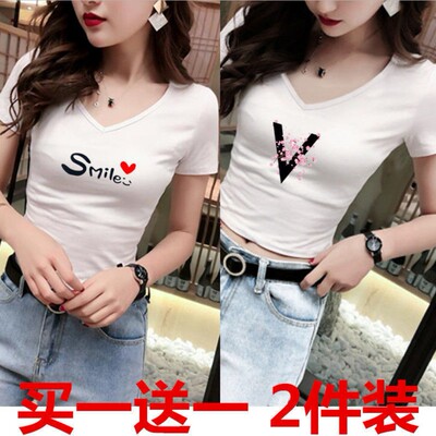 短袖简约韩版常规印花V领涤纶女