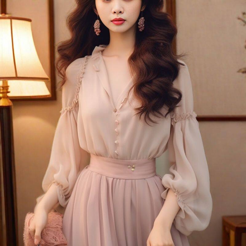 2025春夏穿搭一整套淑女温柔风气质灯笼袖衬衫裙子雪纺两件套装女