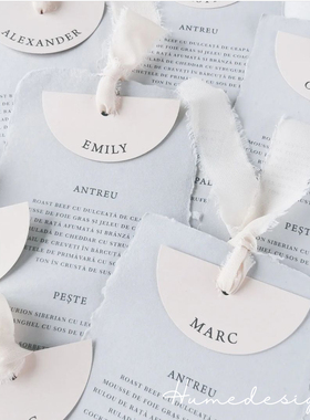 ins定制法式创意婚礼餐盘手工毛边纸席位卡结婚婚宴酒席菜单桌卡