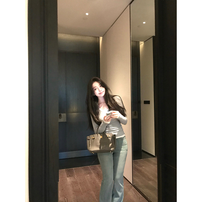 绵羊毛圆领撞色假两件显瘦t恤