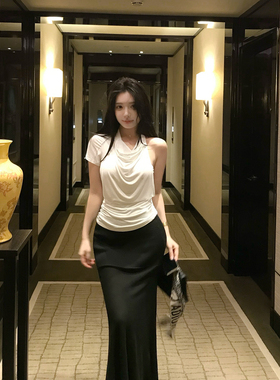 【丝滑芙蕾】MISS CHANGE/纯欲荡领挂脖斜肩不规则假两件设计上衣