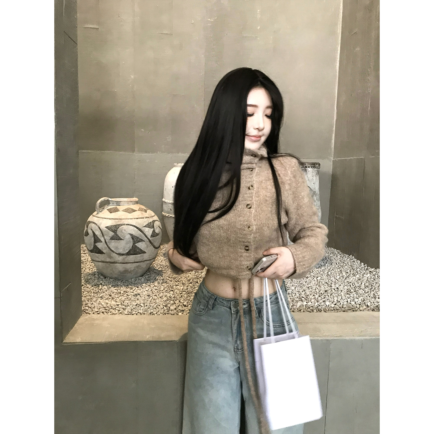 羊毛斜襟露肩开衫抽绳翻领毛衣