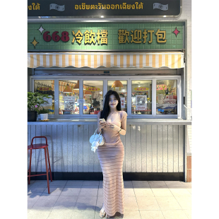 CHANGE MISS 莱塞尔条纹翻折腰头纯欲垂感低腰半裙 温香软玉