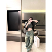 CHANGE MISS 精棉复古多道水洗磨白做旧阔腿牛仔裤 复古时光机