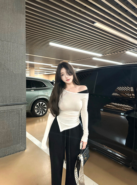 【一秒心动】MISS CHANGE/天丝羊毛斜肩掐腰撞色设计感假两件T恤