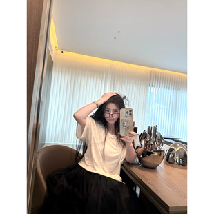 CHANGE MISS 天丝亚麻纯欲圆领面膜感微透宽松短袖 舒适面膜T