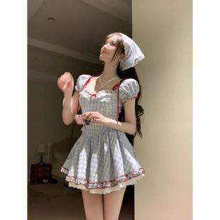 法式 甜美纯欲格子连衣裙女夏季 初恋公主蓬蓬裙收腰显瘦小个子短裙