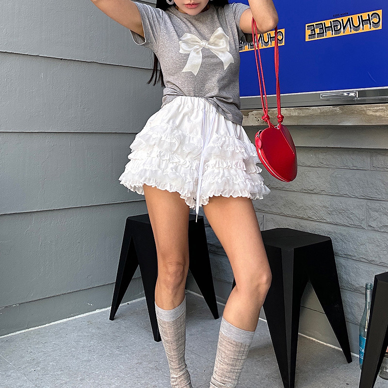 韩国东大门2024春夏新款甜美小个子弹力腰蕾丝拼接蛋糕裙半身裙裤