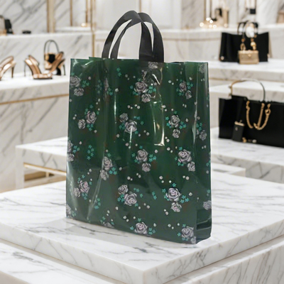 经典手提袋光滑玫瑰花墨绿色加厚