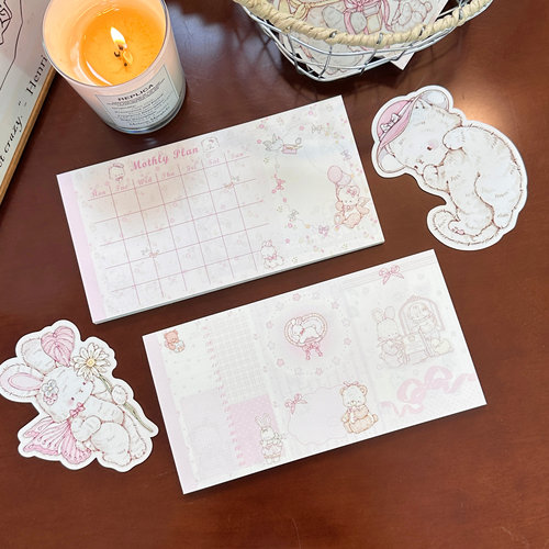 Pink berry原创少女心兔熊系列可撕双面M5/A7三折页 便签手帐素材