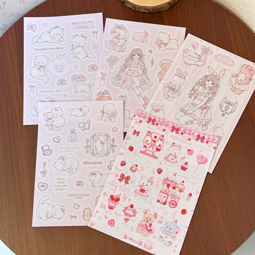 Pink berry原创可爱少女&猫猫DIY手账咕卡装饰手帐闪砂切膜贴纸