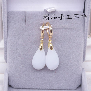 14k包金玉耳坠和田白玉水滴气质耳环简约复古耳饰防过敏叶蓓原创