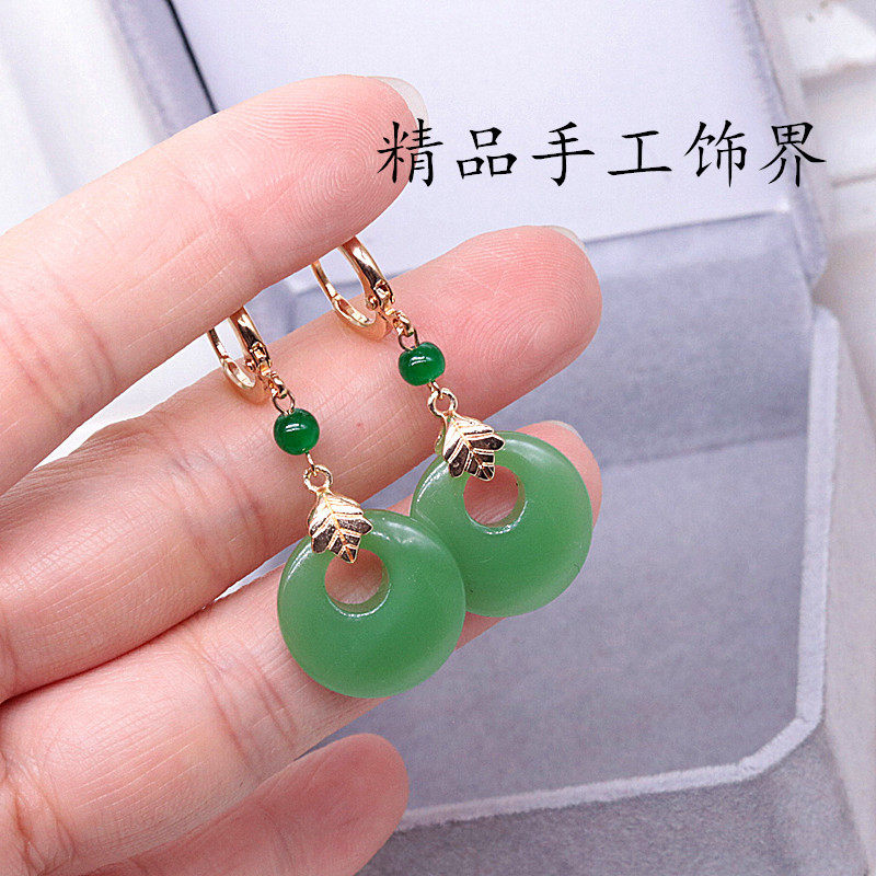 复古耳环长款东陵玉偏心扣耳坠国风气质绿耳饰14k镀金耳扣搭旗袍