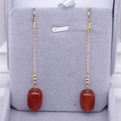 天然红玛瑙耳环长款 纯银耳钩淡金色耳坠复古宫廷中国风桶珠耳饰女