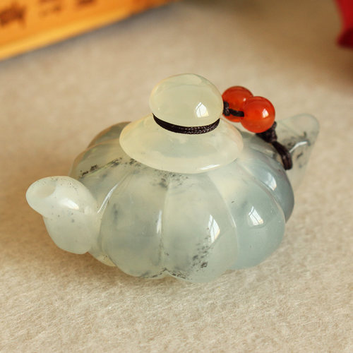听玉缘天然岫岩玉把把壶手把件 岫玉火石青茶壶把玩件水墨把把胡