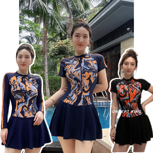 笑姐泳衣调色盘运动连体遮肚保守裙式 女温泉冲浪度假 大码