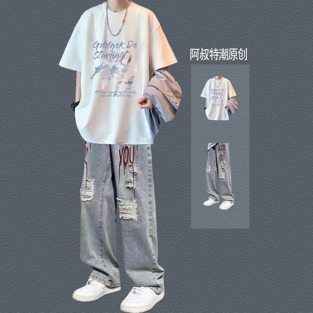 港风夏季潮流短袖T恤男生套装搭配牛仔裤青少年休闲两件套痞帅气