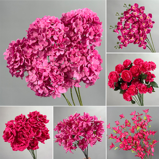 婚庆玫红色花材仿真花玫瑰婚礼堂吊顶订婚宴布置路引插花背景花艺